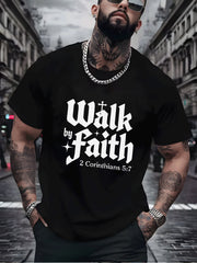 Walk By Faith T-Shirt, 2 Corinthians 5:7 Christian Bible Verse Graphic Tee for Men