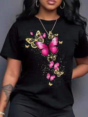 Women's Vibrant Pink Butterfly Print T-Shirt, Casual Crew Neck Short Sleeve Top, Spring Summer Relaxed Fit Graphic Tee