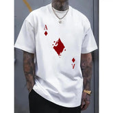 Men's cotton crew neck t-shirt with bold Ace of Spades graphic print, regular fit stretch knit fabric, white casual short sleeve top, suitable for all seasons, street trend t-shirt