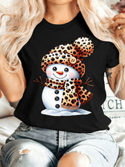 Print Snowman Graphic T-Shirt, Cute Winter Snowman with Hat & Scarf Short Sleeve Tee, Christmas Holiday Casual Top