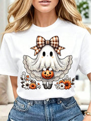 Cute Ghost with Plaid Bow Pumpkin Floral Halloween TShirt Casual Short Sleeve