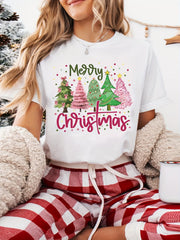 Women's Merry Christmas T-Shirt Colorful Trees Graphic Tee Holiday Top