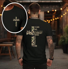 Philippians 4:13 Camo Cross Graphic tshirt – Religious Bible Verse Apparel