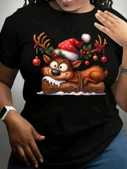 Cute Christmas Reindeer Santa Hat Graphic TShirt Casual Short Sleeve Holiday Tee