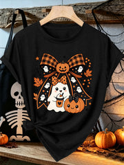 Halloween Short Sleeve Plaid Large Bow Coffee Ghost Little Pumpkin Maple Leaf