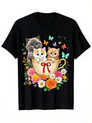 Cute Cats in Tea Cup with Flowers and Butterflies Graphic TShirt