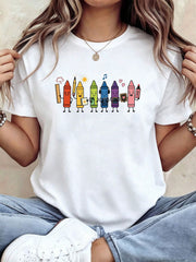 Cute Crayon Crew Graphic T Shirt Funny Teacher Short Sleeve Crew Neck Tee Top