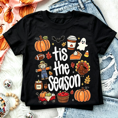 Tis The Season Tee Pumpkin Ghost Football Turkey Halloween Thanksgiving Shirt