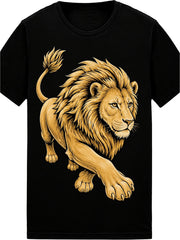 Golden Lion T-Shirt Fierce Animal Graphic Tee Black Short Sleeve