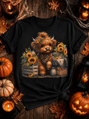 Highland Cow Fall Graphic TShirt Sunflower Autumn Pumpkin Farm Short Sleeve Tee