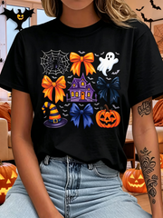 Cute Halloween Print TShirt, Witch Hat Bats Spooky Casual Short Sleeve Top