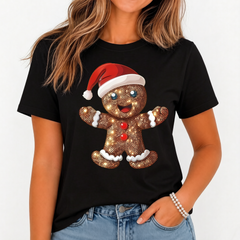 Women's Christmas Gingerbread Man Santa Hat T-Shirt, Faux Sequin Print Xmas Tee