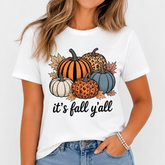 Women's It's Fall Y'all T-Shirt, Leopard Print Pumpkin Maple Leaf Graphic Tee