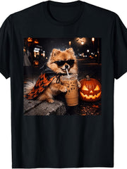 Funny Pomeranian Halloween Vampire Dog Pumpkin Iced Coffee Graphic Unisex Tee