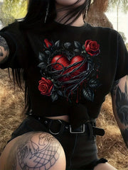 Rose Heart-Shaped Halloween T-Shirt Black And Red Rose Seasons Thorn Rose Gothic