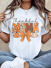 Halloween Thankful Mama Pumpkin Bow Pattern T-Shirts,Autumn Style Graphic Tee