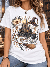 Magic Castle T-Shirt Wizard Hat Broom Wand Owl Letter Print Casual Tee Top