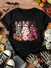 Cute Spooky Ghost Pumpkin Bow Halloween Pink Aesthetic Gift Graphic Unisex Tee