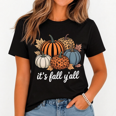 Women's It's Fall Y'all T-Shirt, Leopard Print Pumpkin Maple Leaf Graphic Tee