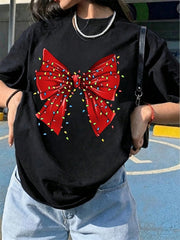 Red Bow Christmas String Lights Graphic TShirt Cute Casual Short Sleeve Tee