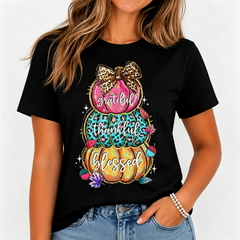 Women's Grateful Thankful Blessed Stacked Pumpkins T-Shirt