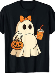 Halloween Pregnancy Announcement Ghost Bow Pumpkin Coffee Mom Dad Unisex Tee