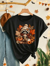 Raccoon Holding a Hot Drink and Pumpkin Autumn Leaf Pattern Print TShirt
