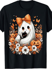 Halloween Vintage Black Cat Pumpkin Flowers Retro Casual Graphic Unisex Tee