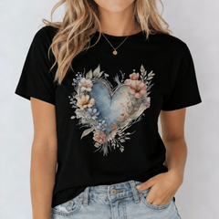 Watercolor Floral Heart Graphic Tee - Aesthetic Nature-Inspired Boho T-Shirt