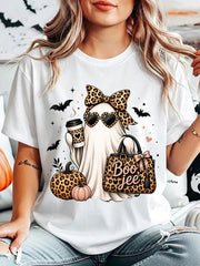 Halloween Short Sleeve Print Bow Coffee with Boo Jee Bag Ghost Print TShirt