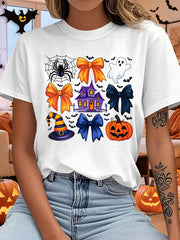 Cute Halloween Print TShirt, Witch Hat Bats Spooky Casual Short Sleeve Top