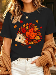 Hedgehog Autumn Leaves Print TShirt Round Neck Top