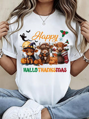 Women Happy Hallothanksmas Highland Cow Halloween Thanksgiving Christmas Tee