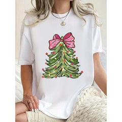 Christmas Tree With Coquette Bow Xmas Christmas TShirt Round Neck Short Sleeve