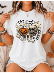 Stay Creepy Halloween Shirt, Vintage Skull Pumpkin Tee, Spooky Skeleton Graphic Shirt, Gothic Horror Halloween Fall Graphic Tee