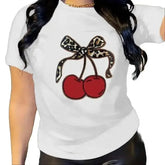 Vintage Cherry Graphic Crew Neck Tee Breathable Cotton Bow Short Sleeve Top