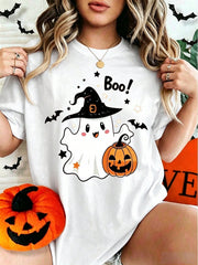 Women Cute Witch Ghost Pumpkin Boo Graphic T-Shirt, Halloween Fall Casual Short Sleeve Tee