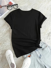 Women's Witch Duck Broom Graphic T-Shirt, Cute Halloween Short Sleeve Tee, Spooky Fall Cartoon Duck Printed Top