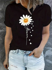 Women Daisy Flower Heart Script Graphic T-Shirt, Wildflower Crew Neck Short Sleeve Casual Tee Top