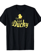 Unisex I'm Just Ducky T-Shirt, Cute Yellow Baby Chick Cartoon Funny Pun Graphic Tee, Casual Crewneck Short Sleeve Tshirt for Men Women