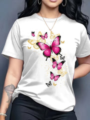 Women's Vibrant Pink Butterfly Print T-Shirt, Casual Crew Neck Short Sleeve Top, Spring Summer Relaxed Fit Graphic Tee
