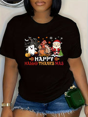 Women's Plus Size Happy Hallothanksmas Graphic T‑Shirt, Halloween Thanksgiving Christmas Mixed Holiday Print, Round Neck Short Sleeve Casual Top