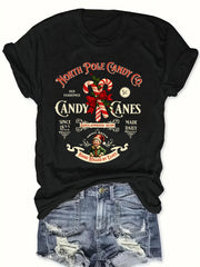 Unisex Retro Holiday Graphic Tee, North Pole Candy Co Candy Canes Elves Vintage Christmas Short Sleeve T-Shirt