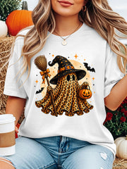 Halloween Ghost Witch Graphic T-Shirt, Cute Ghost with Witch Hat Broom Pumpkin Bucket Moon Star Casual Short Sleeve Tee