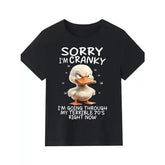 Cute Cranky Duck Senior Humor Graphic T-Shirt - "Sorry I'm Cranky I'm Going Through My Terrible 70's" Funny Animal Print Tee, Perfect for Seniors & Meme Lovers, Casual Apparel for Daily Wear or Senior Gatherings