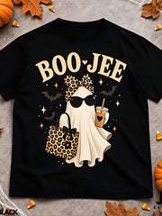 Boo Jee Cute Ghost Leopard Print Halloween Graphic T-Shirt, Spooky Fall Bat Coffee Shopping Bag Women Short Sleeve Tee