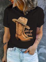Women's Western Graphic T-Shirt, Cowboy Boots Hat Print Tee, Casual Crew Neck Short Sleeve Top, Let's Go Girls Country Shirt