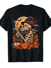 Cute Skeleton Hugging Cat Halloween Witch Hat Pumpkin Moon T-Shirt Funny Graphic Print TShirt Casual All-Season Daily Tee