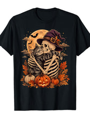 Cute Skeleton Hugging Cat Halloween Witch Hat Pumpkin Moon T-Shirt Funny Graphic Print TShirt Casual All-Season Daily Tee