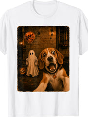 Halloween Beagle Dog Selfie T-Shirt Cute Ghost Boo Pumpkin Spooky Season Short Sleeve Tee